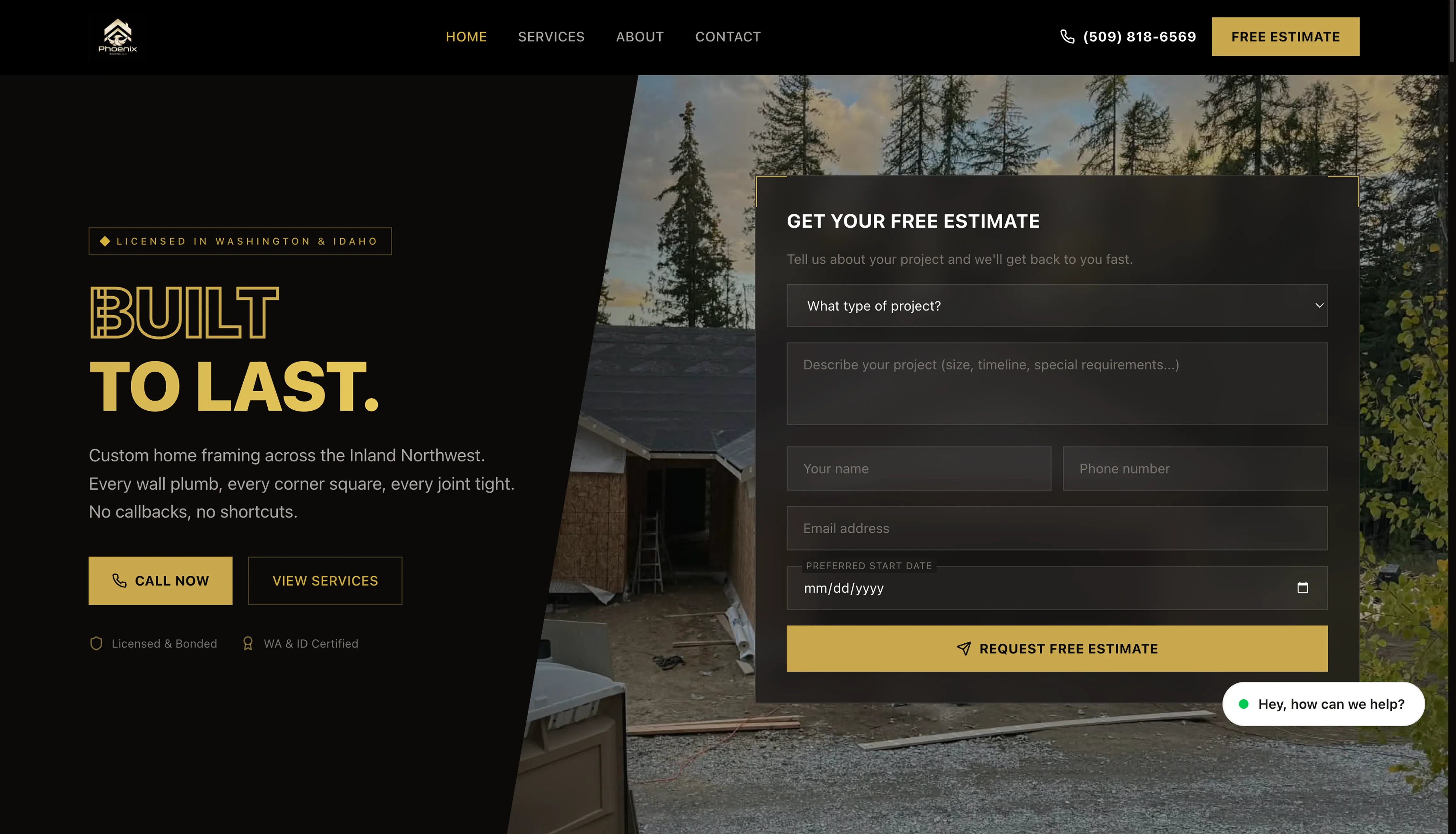 Phoenix Framing — custom home services website design by PNW Contractor Marketing